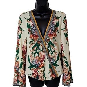 Flying Tomato Cross Front Floral Blouse with Bell Sleeves Size Small